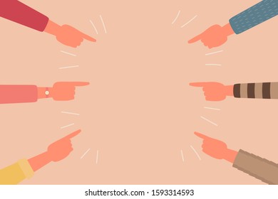 human hand finger arrow sign to center target teamwork together concept, flat vector illustration
