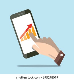 Human Hand - Finger On Cell Phone with Arrow and Graph. Vector Flat Design Illustration .