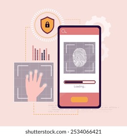 Mano humana, dedo en el sensor. Contraseña biométrica de huellas dactilares con candado e íconos de escudo. Toque ID. Interfaz de Contraseña al Iniciar sesión. Autenticación y verificación, ​​seguridad. Ilustración vectorial