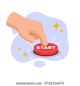 La mano humana presiona el dedo rojo brillante del comienzo del Botón Ilustración vectorial plana del diseño elemento vacío del estado ui