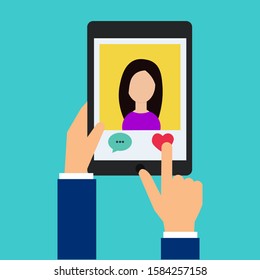 Human hand finger pressing like button on a tablet with social media app. Vector illustration.