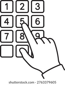 Human hand finger pressing numeric keypad to enter pin code linear icon outline stroke vector graphic