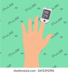 Mão humana, oxímetro de pulso de dedo, fundo verde, pulso, % de inscrição, equipamento médico, medição de pulso, oxigênio, sangue, saturação de oxigênio no sangue