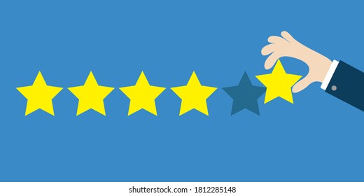 Human hand finger put estimate. 5 Golden stars. Custumer review satisfaction review. Five star rating selection system. Businessman hands pointing. Flat design. Blue background. Vector illustration