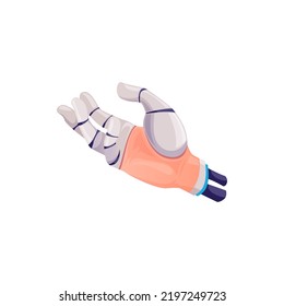 Human Hand With Fingers Robotic Prosthesis Reaching Something Isolated Cartoon Icon. Vector Cyborg Palm, Robotized Limb, Robot Body Part. Robotic Artificial Hand With Metal Finger, Innovation Medicine