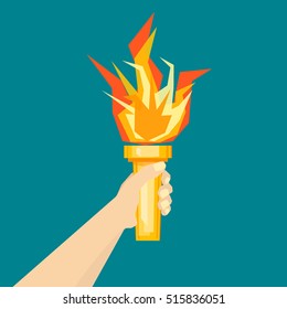 Human Hand with Fire Torch. Flat Style Geometric Design Vector illustration of victory and hornor concept Revolution, sport, olympic flaming, shine symbol