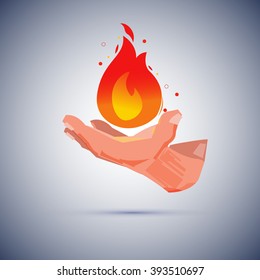 Human hand with fire. wizard creating a magical fire - vector illustration
