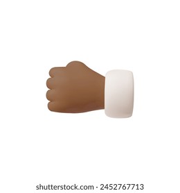 Human hand fist gesture 3D vector illustration. Friendly fist bump, greeting. Afro human clenched arm with white sleeve. Fight or protest symbol. Strength or punch emoji icon isolated on white