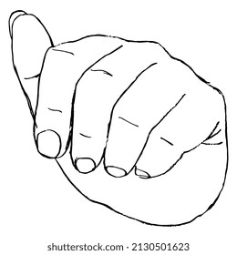 Human hand in fist gesture. Front view. Hand drawn linear doodle rough sketch. Black silhouette on white background.