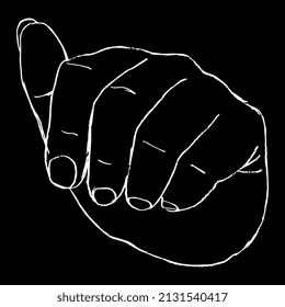 Human hand in fist gesture. Front view. Hand drawn linear doodle rough sketch. White silhouette on black background.