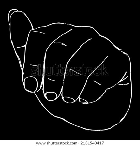 Human hand in fist gesture. Front view. Hand drawn linear doodle rough sketch. White silhouette on black background.