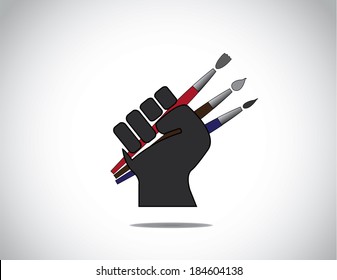 human hand fist holding different colorful paint brushes symbol.  black human hand with folded fingers hold three different colored paintbrushes - art education concept illustration