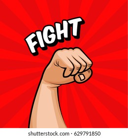  The human hand, the fist is raised up agitating the fight. The struggle for rights, political views. Red background revolution poster with fit. Vector illustration