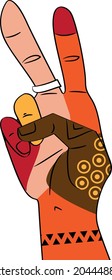 Human hand flashing a peace sign covered with multi color design representing different racial and gender group as a metaphor for diversity, EPS 8 vector illustration	