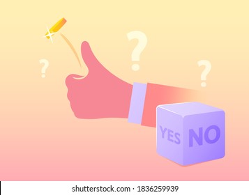 Human Hand Flipping Coin for Random Selection or Making Hard Decision. Dice with Yes or No Sides. Destiny, Chance or Opportunity, Problem Solution, Gambling Game Concept. Cartoon Vector Illustration