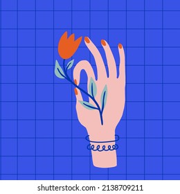 Human hand with a flower. Hand drawn modern forms for card, print on clothes. Trendy poster.