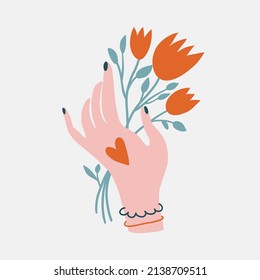 Human hand with a flower. Hand drawn modern forms for card, print on clothes. Trendy poster.