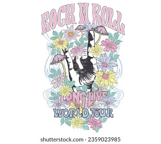 Mano humana. Jardín de flores con hongos. Diseño de impresión de camisetas de rock y rollo. Haz algo de ruido. Afiche de la gira del mundo de la música. Diseño intrépido. 