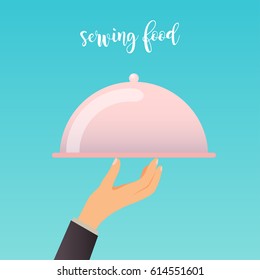 Human hand with a food serving tray. Flat design modern vector illustration concept.