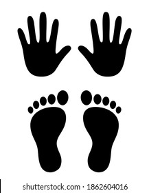 Human hand and foot prints, stylized handprint and footprint trace. Black and white icon, vector illustration.