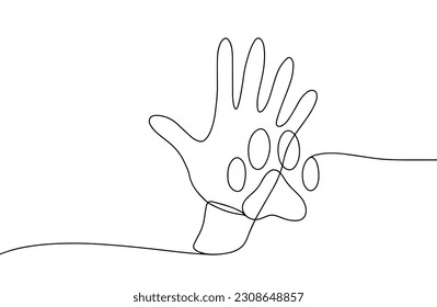 Human hand and footprint of a domestic animal. Love for pets. World Day Against Pet Abandonment. One line drawing for different uses. Vector illustration.