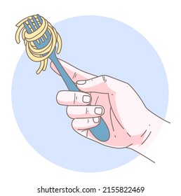 A human hand with a fork and noodles. Vector illustration.