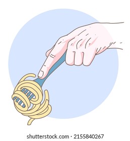 A human hand with a fork and noodles. Vector illustration.