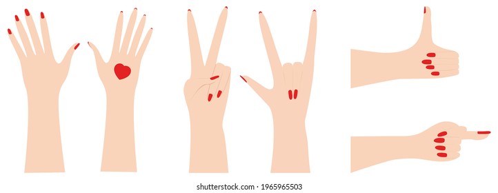 Human hand and funny gesture. Set of different gestures Cartoon vector illustration. Isolated on white background