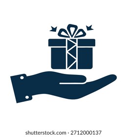 Una mano humana acopla suavemente una caja de regalo con un arco, acompañada de flechas hacia abajo. Esta ilustración representa recibir un regalo, recompensa u oferta exclusiva.