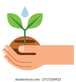 La mano humana sostiene y nutre suavemente un brote de planta verde joven en el suelo con una gotita de agua para el crecimiento y la ecología