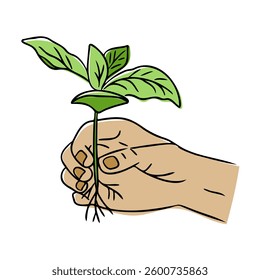 A human hand gently holding a young green seedling with roots exposed. The illustration symbolizes growth, nature, sustainability, and environmental care.