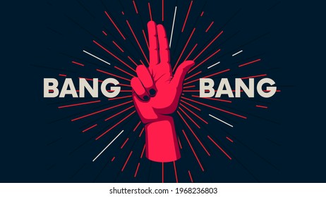Human hand gesture against the background of the sunburst, movement of the fingers, motivating vector poster with the slogan Bang Bang