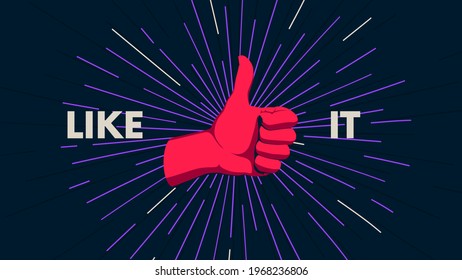 Human hand gesture against the background of the sunburst, movement of the fingers, motivating vector poster with the slogan Like it