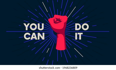 Human hand gesture against the background of the sunburst, movement of the fingers, motivating vector poster with the slogan You can do it