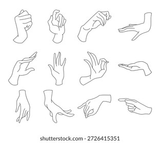 Conjunto de arte de línea de gesto de mano humana. Vector ilustración en blanco y negro de posturas de sujeción y toque para el diseño del lenguaje corporal