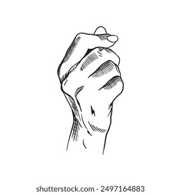 Human hand. Gesture of money or pinch, fingers holding something. Vector illustration in graphic style. Banners, posters, leaflets, information signs.