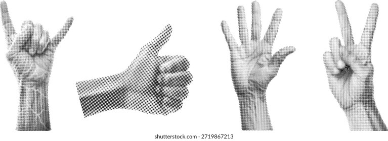 Human hand gesture set showing counting, thumbs up, and finger signs in realistic style. Expressive hands isolated on white background. Ideal for communication, instruction, and visual design concepts.