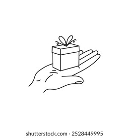 Gesto de mano humana que muestra la caja de regalo. Palma abierta con Pequeño presente. Símbolo de sorpresa de propuesta de matrimonio de cumpleaños. Ilustración vectorial de esquema