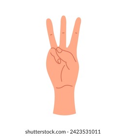 A human hand gesture showing the score on the fingers. The hand shows the number three. Body language of gestures. Vector illustration isolated on a white background