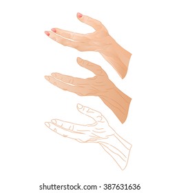 Human hand gesture  three color drawing and outline vector illustration