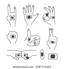 Human Hand Gestures with Adhesive Bandage Set. Palm and fingers poses showing medical sticky Plaster. First aid recovery line icons and symbols. Vector illustration