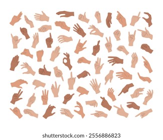 Human hand gestures with fingers in diversity. Arms show non-verbal elements of communication. Body language, various communicative symbols. Set of isolated vector illustrations