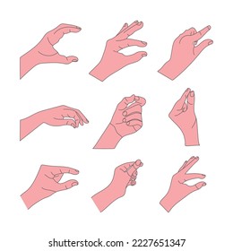 Human hand gestures set, minimal line art illustrations, ok, thumb up and pointing finger