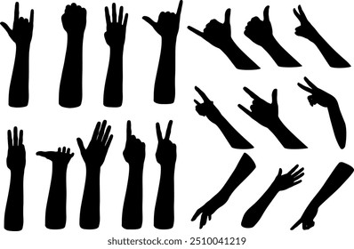 Human hand gesturing, detailed black silhouette set. 