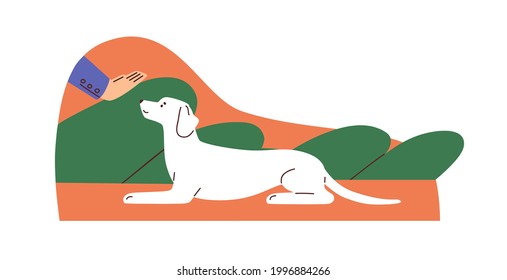 Human hand gesturing to dog, showing lie down signal. Pet owner training doggy to obey commands. Obedient trained canine animal. Colored flat vector illustration isolated on white background