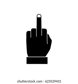 Human hand gesturing with middle finger silhouette. Offensive gesture pictogram. Vector illustration, flat design.