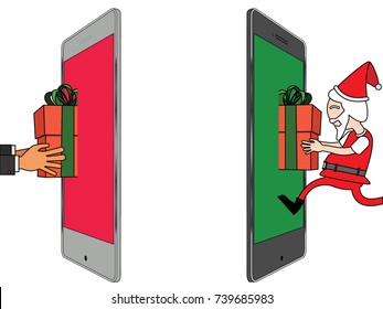 Human hand get a parcel from santa claus by mobile application. Flat funny Cartoon Vector Illustration design.