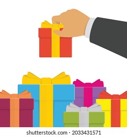 Human hand and gift box vector illustration in modern flat style. Template for web banners, printed materials, web sites. Gifting and receiving gift concept. Birthday background.