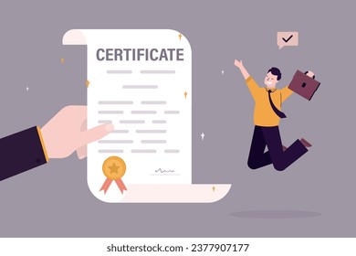 Human hand give certificate paper for happy student with for work achievement. Certificate on taking course, award for best work or diploma document. Stamp or education certified guarantee. vector