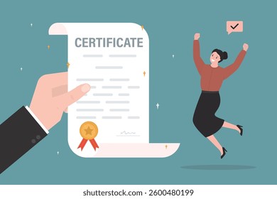 Human hand give certificate paper for happy female student with work achievement. Certificate on taking course, award for best work or diploma document. Stamp of education certified guarantee. vector